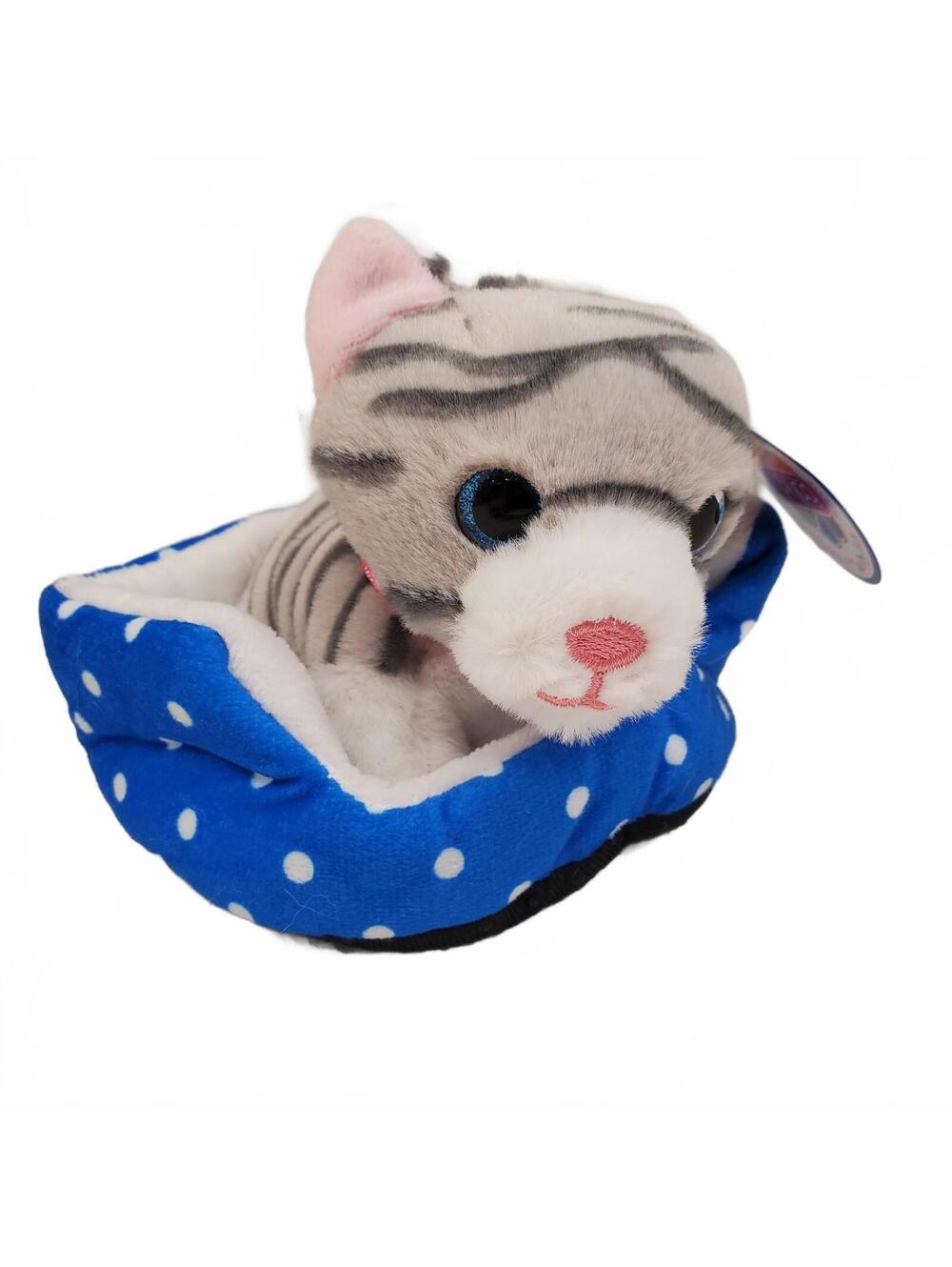 Nanco Gray Tabby Cat Plush in Blue Polka Dot Bed